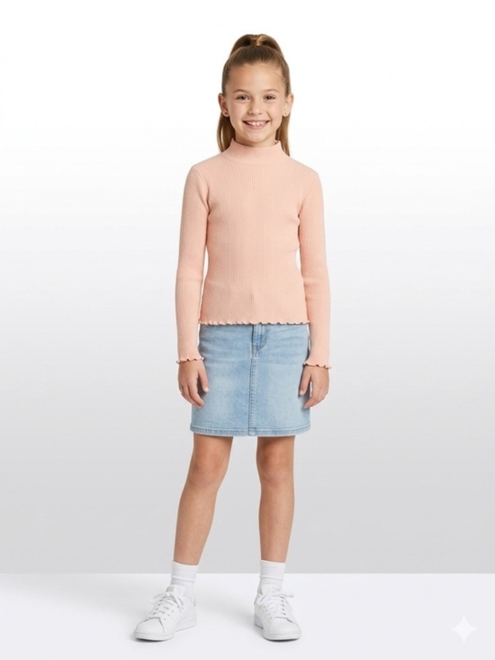 Mango Pink Mock Neck Ribbed Long-Sleeve Top Scallop Trim Cotton Size 13-14